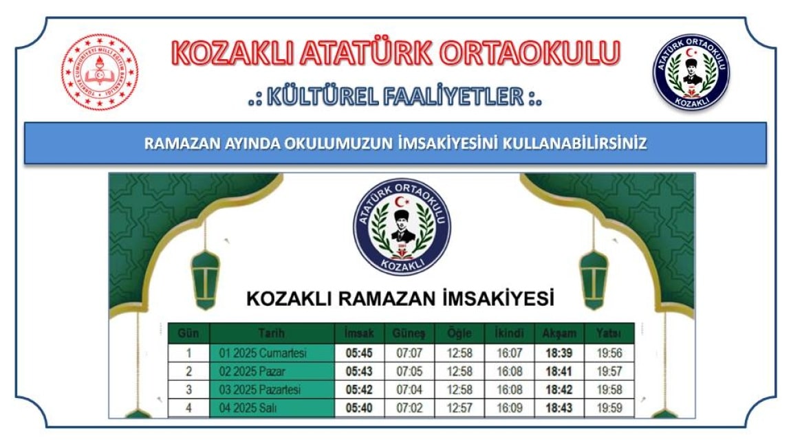 RAMAZAN'DA OKULUMUZUN İMSAKİYESİNİ KULLANABİLİRSİNİZ